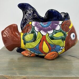 Talavera Decorative Fish Planter Pot Mexican Pottery Folk Art Home Decor 10"
